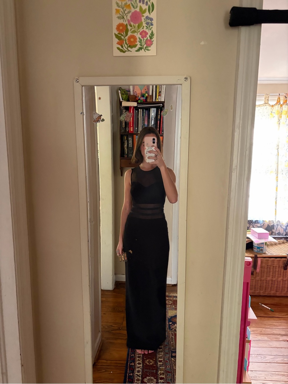 Sleeveless Black Maxi Dress with Sheer Waist Panels